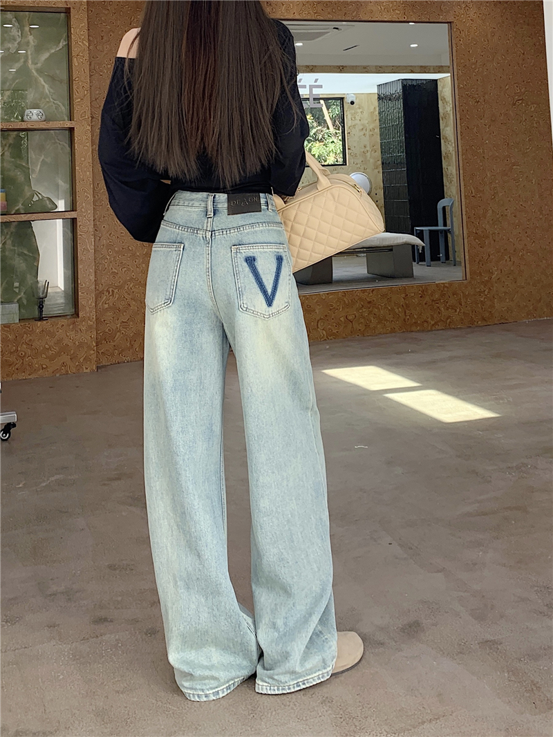 Actual shot~New high-waist slim back pocket V-shaped straight wide-leg denim trousers for women
