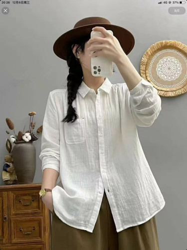 Dark gray cotton long-sleeved shirt for women spring and autumn new Korean style loose slim top retro versatile base shirt