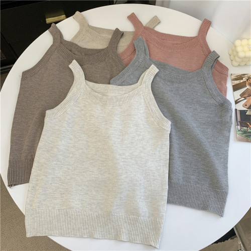 Actual shot ~ Spring Korean style round neck knitted camisole, versatile sleeveless base layer for outer wear