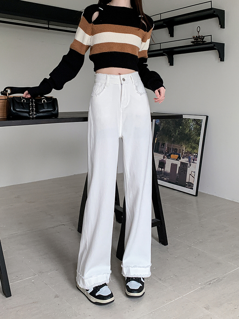 Real shot~White straight jeans for women, new autumn high-waisted, loose, high-draping, raw-edged wide-leg pants