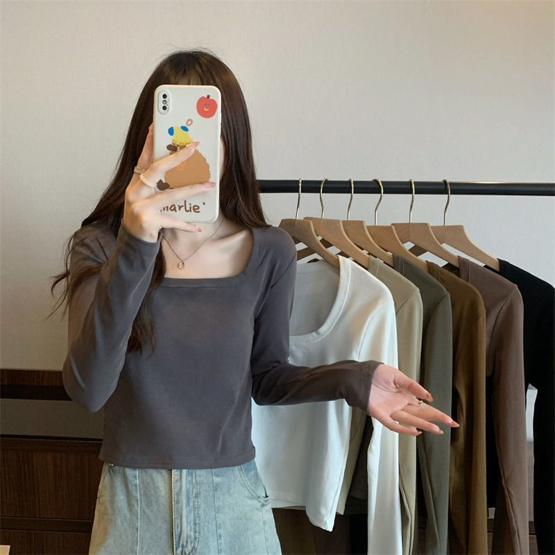 Women's short square neck top long sleeve T-shirt