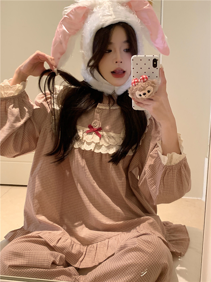 Real shot of Korean version of sweet and loose spring and autumn long-sleeved retro palace style home wear pajamas dress set