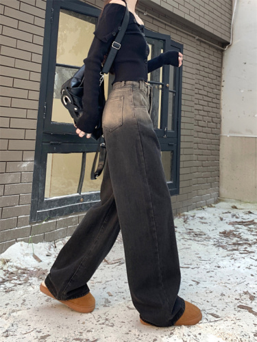 Actual shot of the new autumn Korean style fleece wide-leg pants, retro high-waisted, versatile straight-leg denim long pants for women