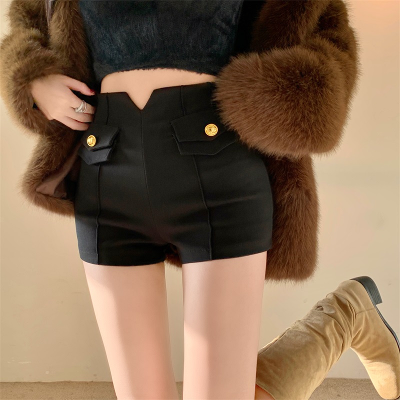 Real shot!  2024 New Seasonal Black Elastic High Waist Slimming Versatile A-Line Suit Shorts for Outerwear