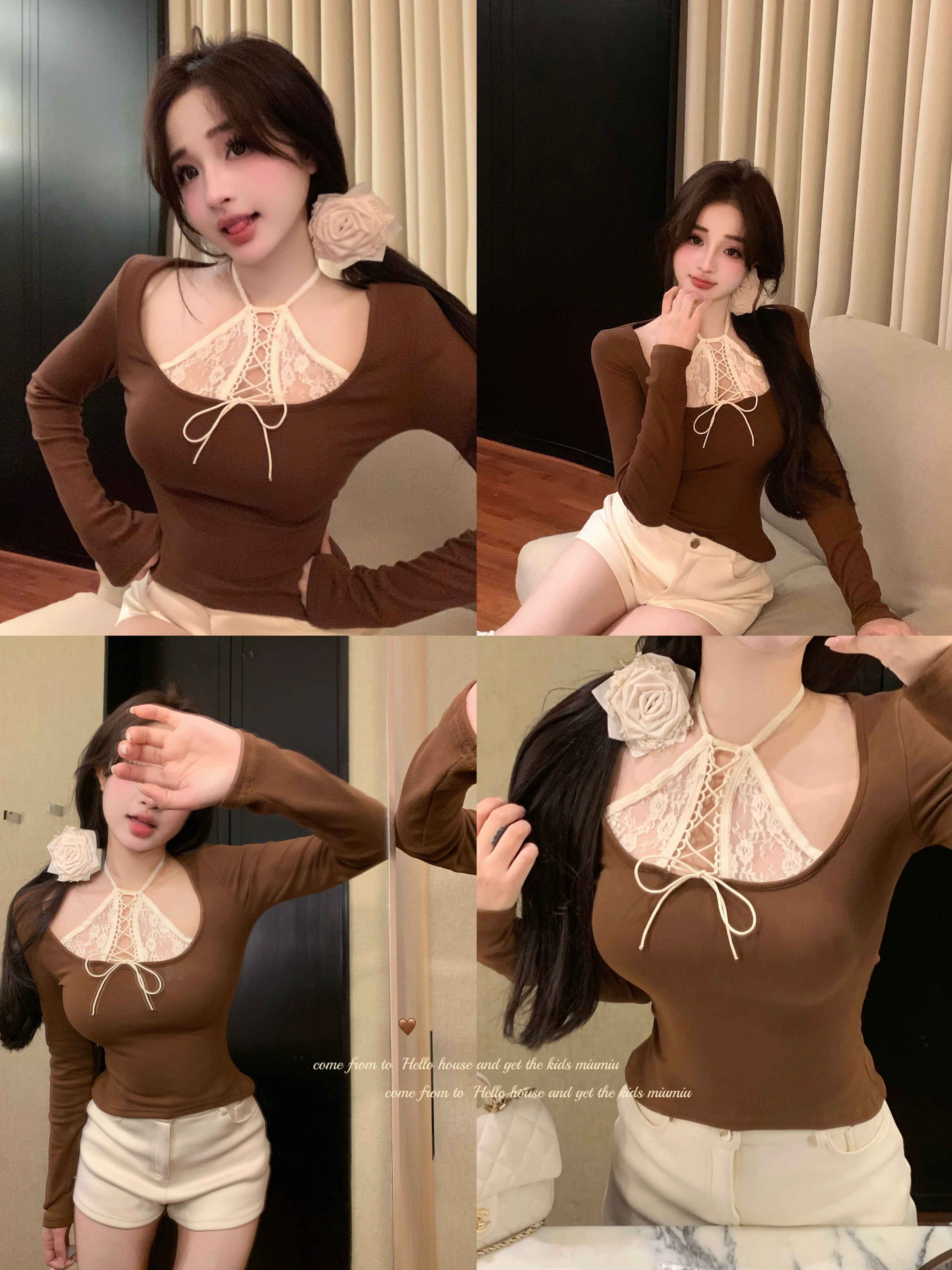 Real shot~Sexy hot girl pure lust style T-shirt top slim fit fake two-piece spliced ​​lace long sleeves for women