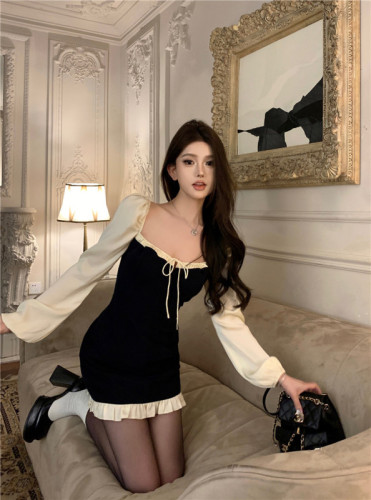 Actual shot~French style pure desire contrasting color design strappy puff sleeves heavy industry slimming lace dress