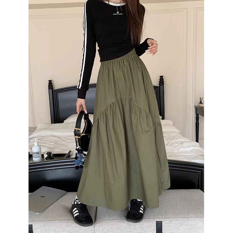 Spring and Autumn 2024 New Korean Style Design Pleated Splicing Skirt Women's Elastic Waist A-Line Half Midi Skirt