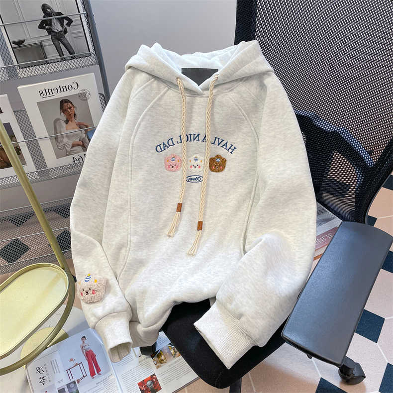 奶fufu洋氣減齡小熊刺繡衛衣女秋冬款加厚加絨慵懶風連帽外套上衣