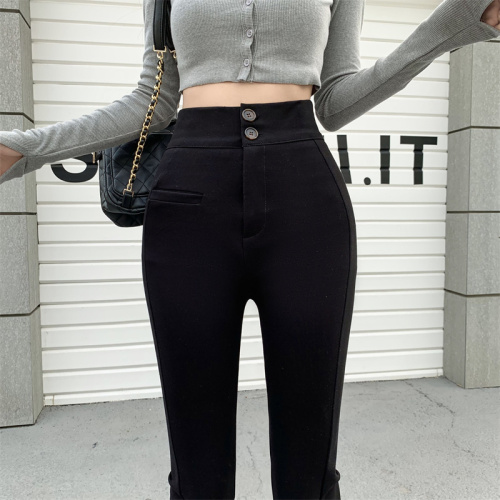 Actual shot of double-button slit new stretch casual pants high-waisted slim fit micro-flared suit pants for women