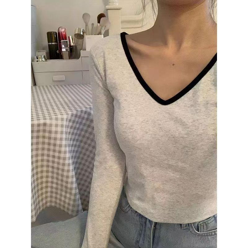 Official picture 260 free-cut new style V-neck top with chest pad, slim long-sleeved T-shirt, long-sleeved bottoming