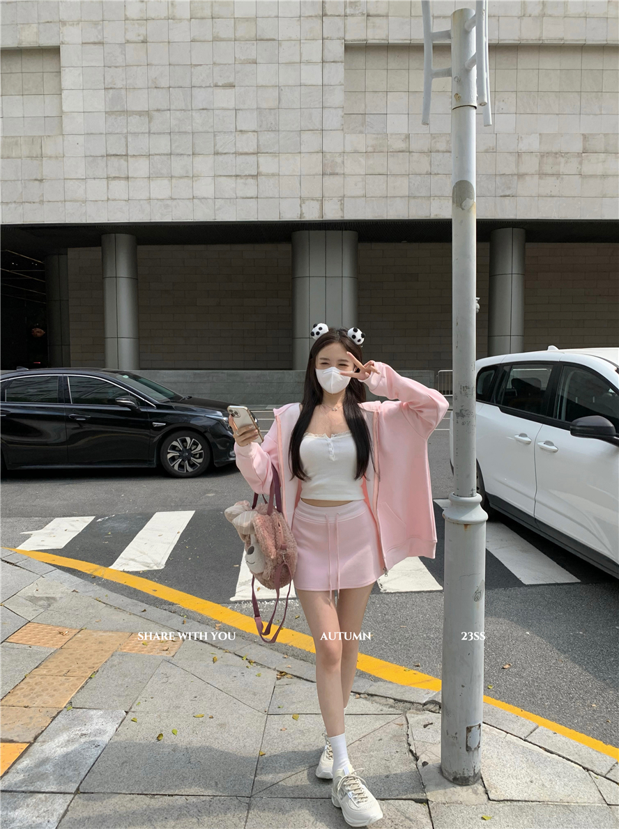 Real shot hooded sweatshirt jacket for women early autumn new lazy style top skirt suit