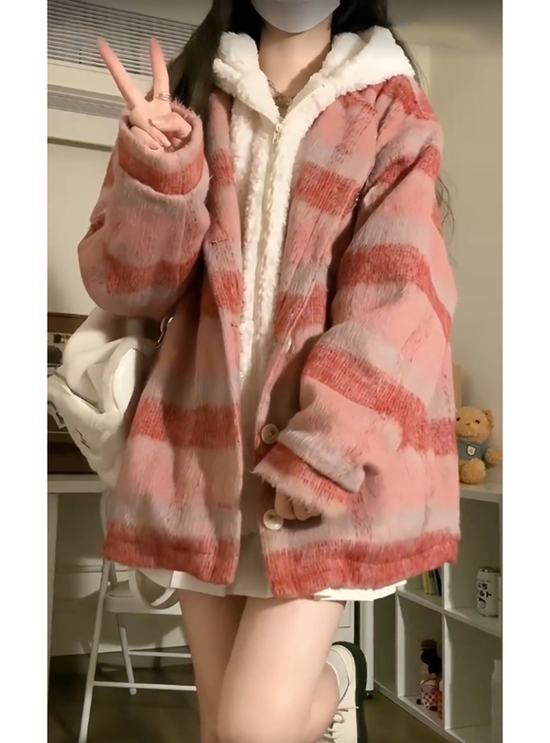 New Korean Style Fake Two-Piece Hooded Red Plaid Cotton Clothes Women's Autumn and Winter Thickened Jackets