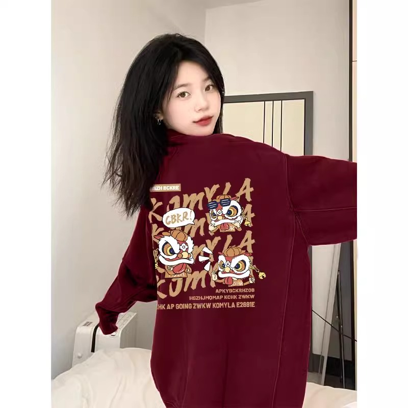 新年新款酒紅色圓領衛衣女秋冬季加絨加厚寬鬆百搭過年上衣服潮流
