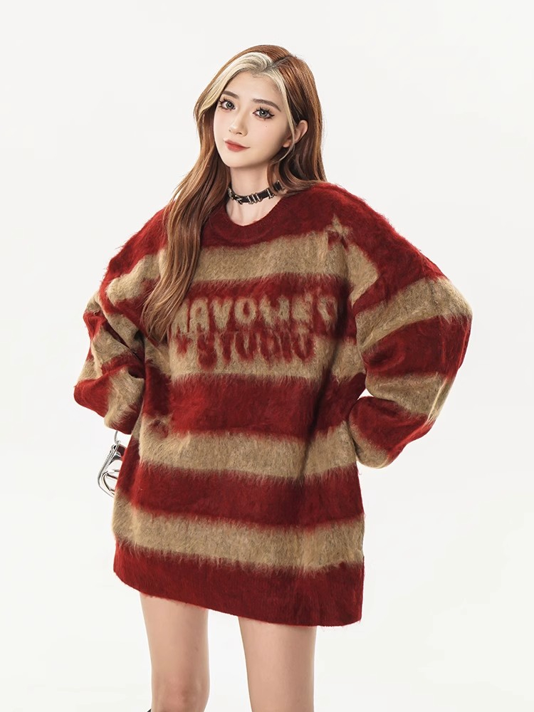 American vintage striped mink sweater for women 2024 new autumn and winter couple's lazy outer knitted top