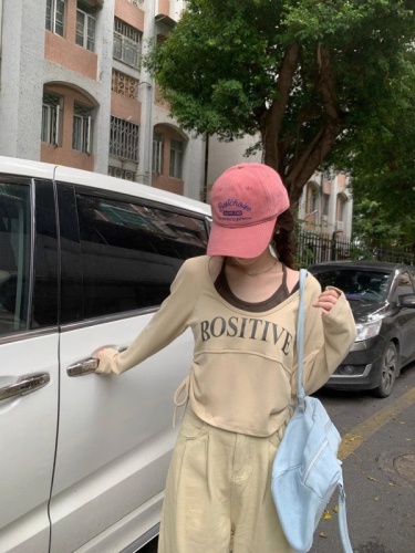 Fake two-piece T-shirt for women early spring Korean version 2024 new letter printed drawstring short style slimming long-sleeved top