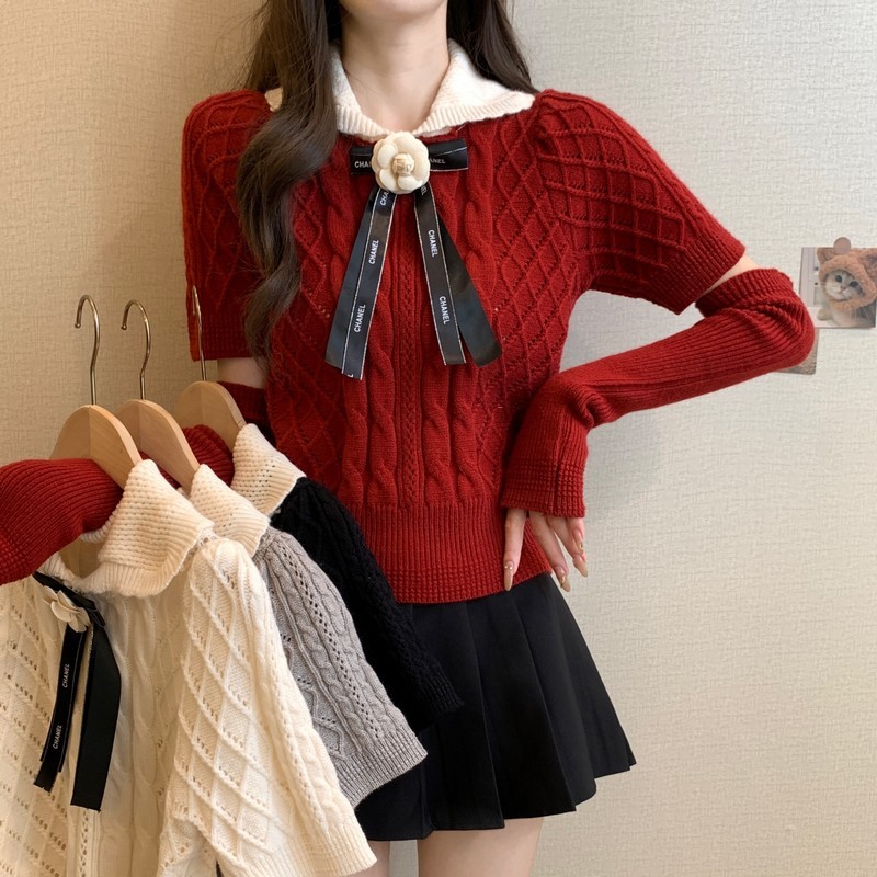 Actual shot of the new doll collar design bow three-dimensional flower puff sleeve short knitted top with sleeves
