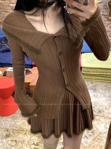 FunnJ Fangji Pampered Girl Lazy Cardigan Sweater Suit Women's High Waist Pleated Skirt Two-piece Set