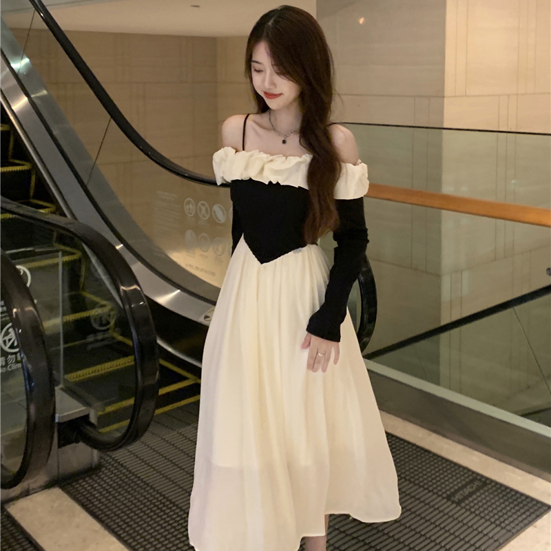 Original method + lining Spring sweet Korean style dress 2024 new style ruffled one-line collar with retro temperament