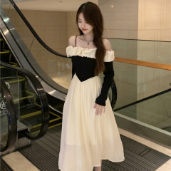 Original method + lining Spring sweet Korean style dress 2024 new style ruffled one-line collar with retro temperament