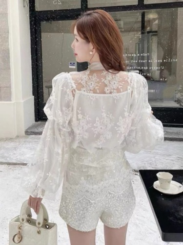 Korean Spring and Autumn New Design Bow Lace Lace Mesh Puff Lantern Sleeve Lace Shirt Top for Women