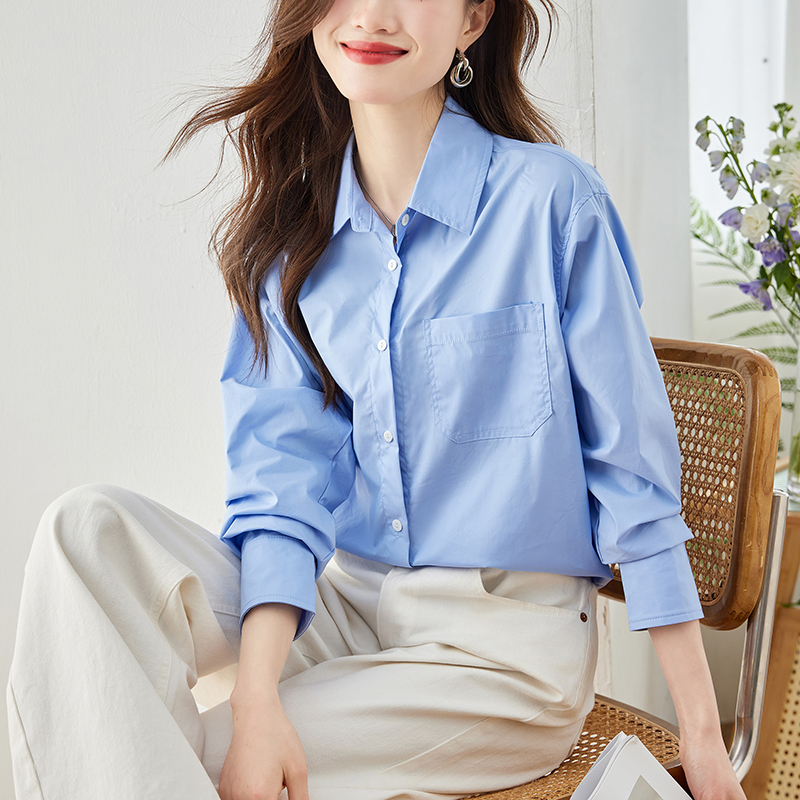 2024實拍新款淺藍色襯衫女春秋新款通勤POLO領休閒寬鬆女士襯衫女