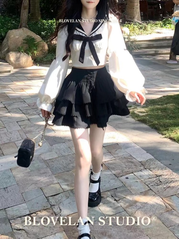 Blovelan貝蒂茶會 可愛甜美蝴蝶結少女感上衣+半裙套裝