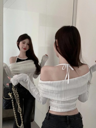 Real shot ~ Pure desire fashion irregular splicing one-line collar halter fake two-piece long-sleeved new top T-shirt women's clothing