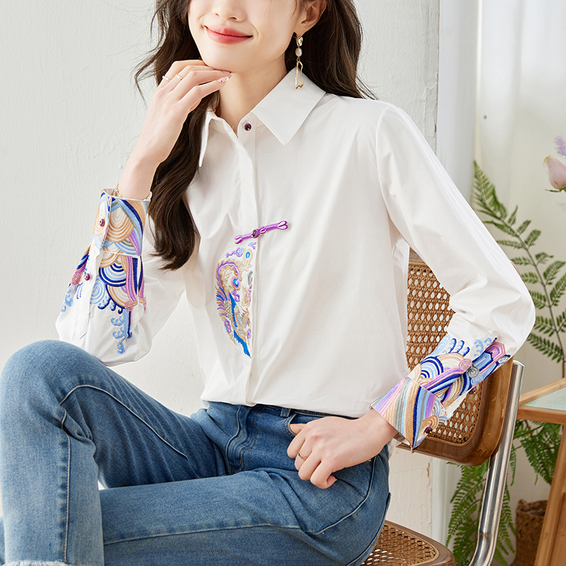 Already shipped niche design heavy-duty embroidered pure cotton shirt women's versatile slimming national style new Chinese top