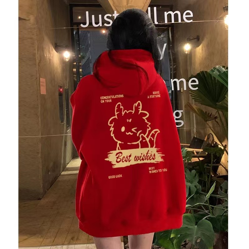 Original quality 2024 autumn and winter pure cotton Chinese cotton composite silver fox velvet plus velvet thickened New Year's printed sweatshirt hooded