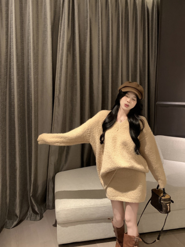 Actual shot~Korean style V-neck slim wool curly knitted wool fashion suit