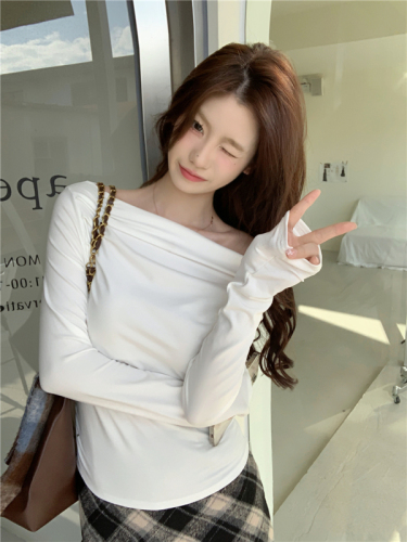 Actual shot of spring pure cotton stretch charming right-angle shoulder one-line collar T-shirt bottoming shirt slimming waist top