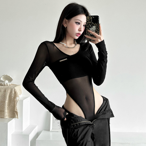 260g rayon spliced ​​mesh sexy sister style black mesh spliced ​​long-sleeved T-shirt women's bottoming jumpsuit