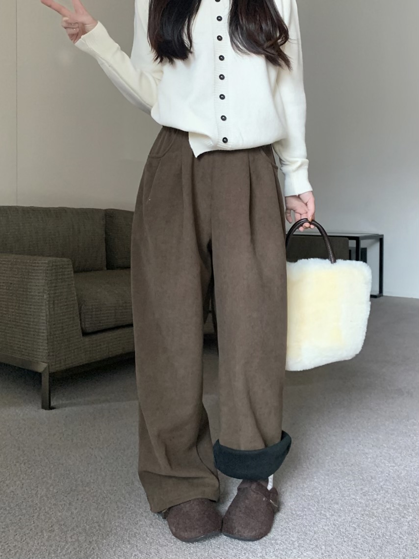 Actual shot of the new Korean style loose casual corduroy plus velvet thickened straight wide leg pants