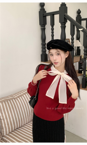 Actual shot of new retro high-end temperament bow ribbon puff sleeves thickened sweater