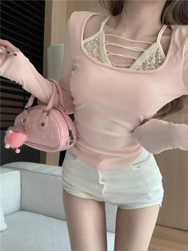 Fake two-piece spliced ​​lace halterneck long-sleeved T-shirt for women in autumn and winter tight-fitting short inner top base