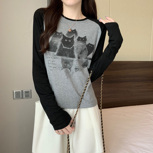 First real shot of threaded 210g bottoming shirt for women spring and autumn trendy thin short round neck raglan sleeve top long-sleeved T-shirt