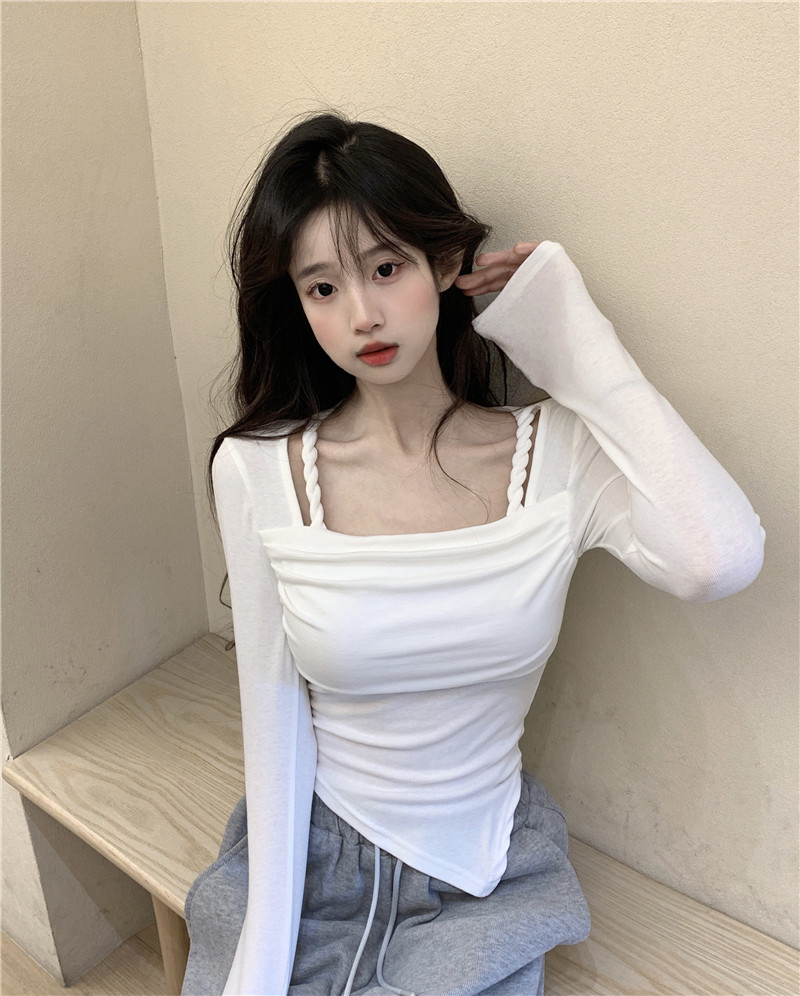 Actual shot~Spring design niche irregular long-sleeved T-shirt for women, versatile slimming top and bottoming shirt