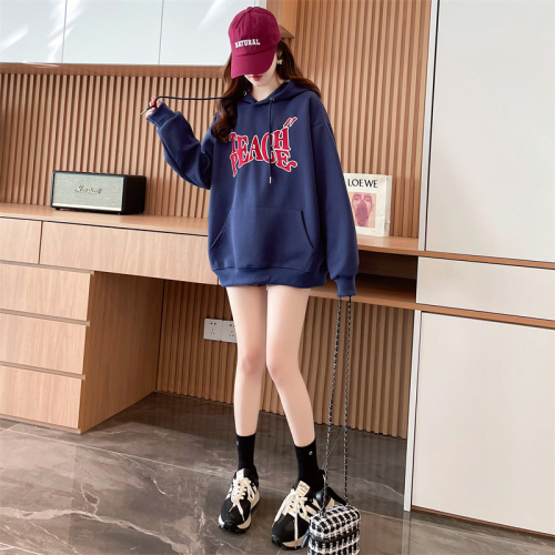 Real shot of pure cotton surface composite super soft plus velvet thickened American letter embroidery loose retro street hooded sweatshirt