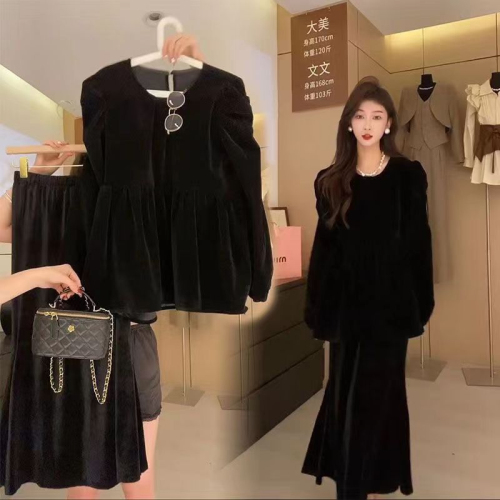 Korean style loose bubble gold velvet top for women new style retro lotus leaf velvet long sleeve round neck shirt