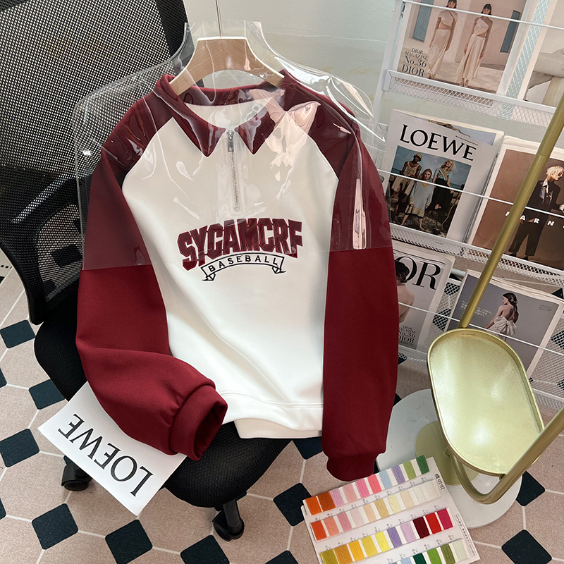 Real shot of Chinese cotton composite true super plus velvet thickened sweatshirt for women raglan sleeves embroidered shirt collar warm top