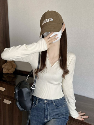 Actual shot~New V-neck slimming waist short lapel long-sleeved knitted top for women