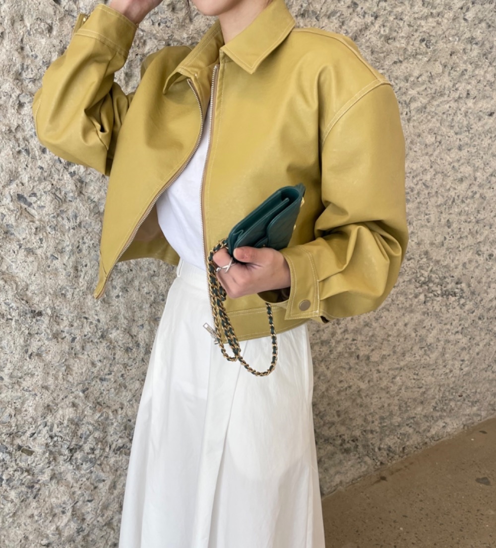 !  Korean chic niche retro curcumin fashionable western style zipper lapel leather jacket versatile top