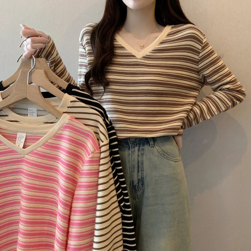 First real shot 300g striped bottoming shirt for women spring and autumn trendy thin short style trendy Korean style V-neck top long-sleeved T-shirt