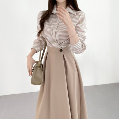 Size update Korean chic spring light luxury fashion temperament striped patchwork waist shirt dress