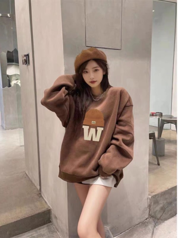 Women's velvet printed sweatshirt round neck simple high-end top
