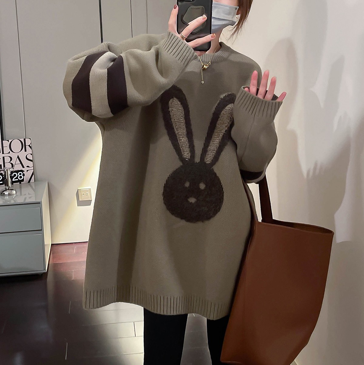 New round neck sweater for women Korean style loose lazy style mid-length thick rabbit top sweater