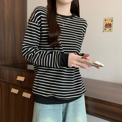 Real shot of puff pattern sweatshirt for women, spring and autumn thin Korean style round neck striped long-sleeved T-shirt tops for women plus size 200 pounds