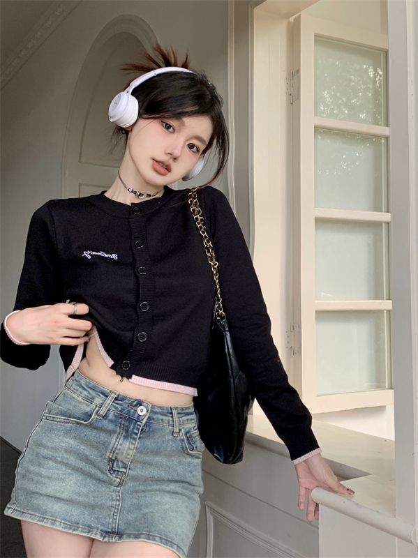 Real shot design niche embroidery spring knitted cardigan new slim short sweater jacket