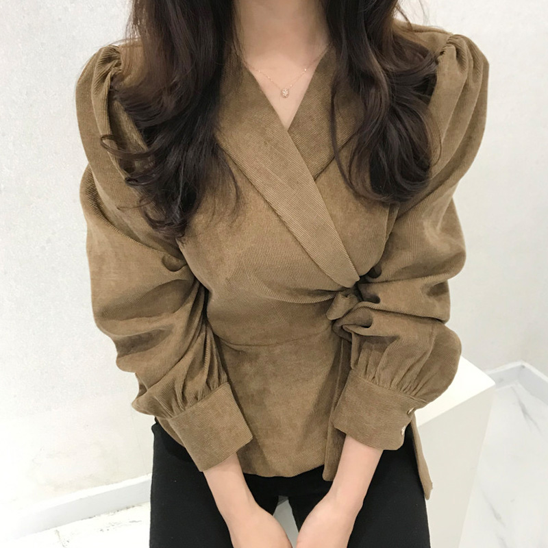 韓國chic秋季法式復古西裝領側邊系帶收腰顯瘦純色泡泡袖襯衫上衣