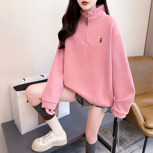 Real shot of rice wool composite 330g sweatshirt for women spring and autumn embroidered lapel top plus size women's 200 pounds